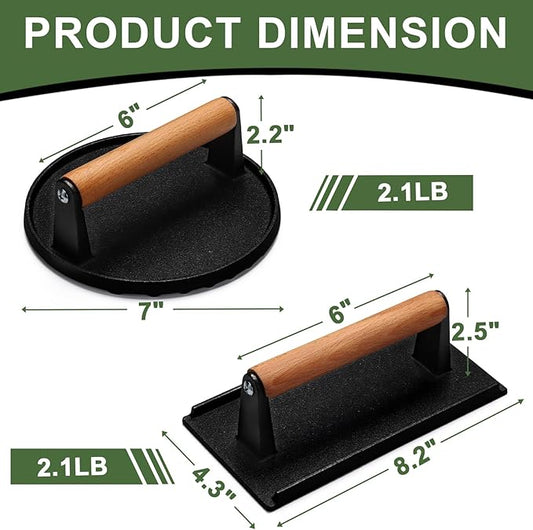 Burger Press, 7" Round & 8.2"X4.3" Rectangle Heavy-Duty Cast Iron Smash Bacon Press Meat Steak With Wood Handle for Griddle, Sandwich, Nonstick Pan