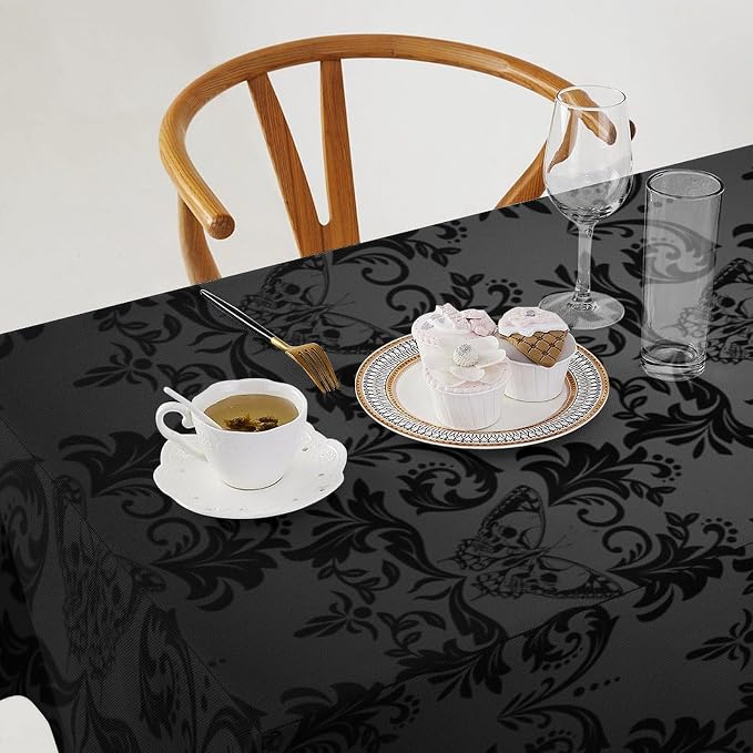 Gothic Black Damask Square Tablecloth, 55"x55", Vintage Floral, Water Resistant, Wrinkle Resistant, Polyester, Perfect for Indoor & Outdoor Use (Cafe, Dinner, Brunch, Wedding, Party)