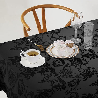 Gothic Black Damask Square Tablecloth, 55"x55", Vintage Floral, Water Resistant, Wrinkle Resistant, Polyester, Perfect for Indoor & Outdoor Use (Cafe, Dinner, Brunch, Wedding, Party)