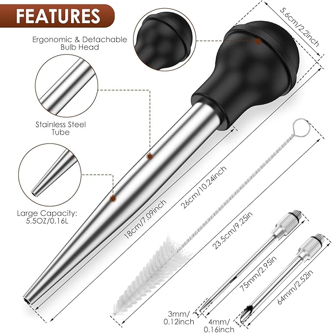 2 Pack Stainless Steel Turkey Baster Syringe for Cooking, Large Meat Injector with 4 Needles & 2 Brushes, Silicone Bulb Baster for BBQ Thanksgiving Kitchen, Dishwasher Safe