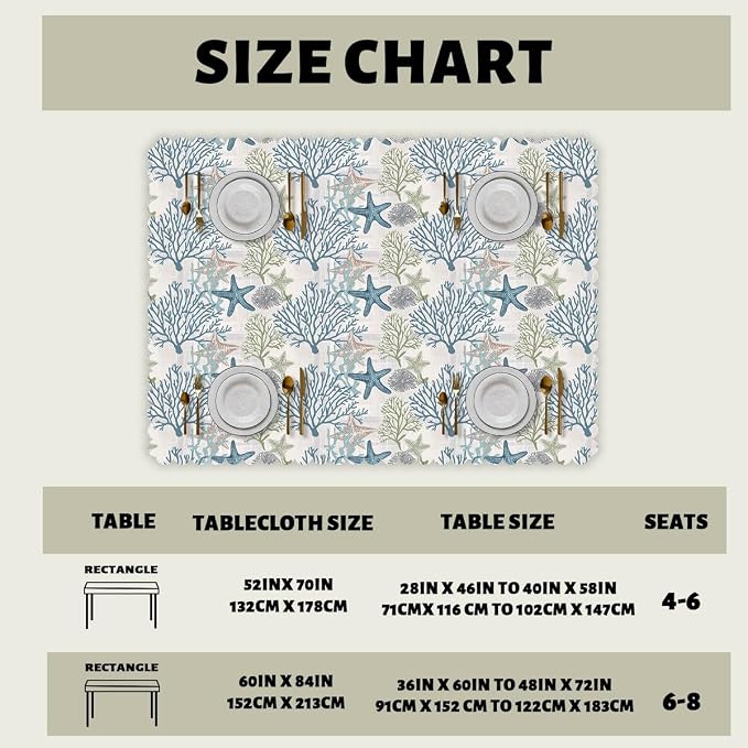 Nautical Decorative Rectangle Table Cloth Starfish Beach Ocean Seashell Coral Rectangle Kitchen Table Cover Oblong Tablecloth for Dining Table Buffet Parties Patio Camping 52" x 70" 4-6 Seats