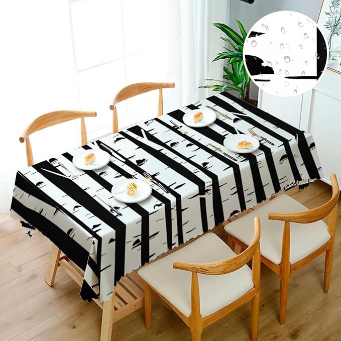 Swono Tablecloth 52"X70" Birch Trees, Black and White Birch Forest Rectangle Table Cover Anti-Oil Tablecloth for Dining Tables, Parties, Wedding and Banquet Decoration