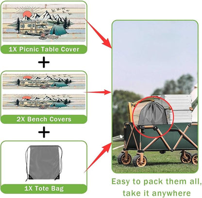 JAWO Picnic Table Cover with Bench Covers Camper RV Camping Essentials, Oil-Proof Waterproof 3PCS Tablecloth with Elastic, Fitted for Table Rectangle and Seats, Board Beach 30X96inch