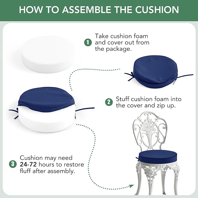 Summsun Outdoor Bistro Chair Cushions Set of 4, 15" D x 3" H Round Chair Cushions Waterproof and Fade Resistant Chair Cushion Pads with Non-Slip Ties and Removable Covers for Garden, Navy Blue