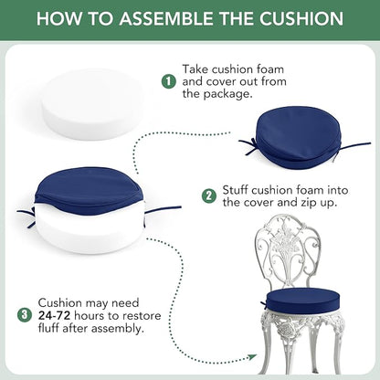 Summsun Outdoor Bistro Chair Cushions Set of 2, 15" D x 3" H Round Chair Cushions Waterproof and Fade Resistant Chair Cushion Pads with Non-Slip Ties and Removable Covers for Garden, Navy Blue