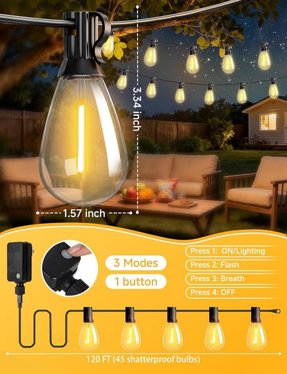 120FT Outdoor String Lights with Remote, LED Patio Lights with 45+2 Waterproof S11 Bulbs, Outside Dimmable 2700K Warm White, Timer & 3 Modes,for Backyard Garden Deck Porch Balcony Gazebo Party Decor
