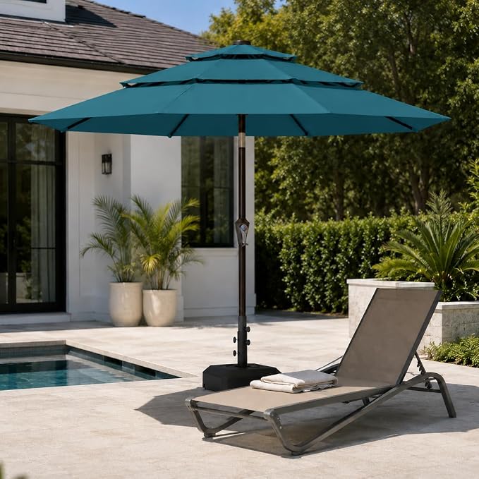10ft Patio Umbrella, 3-Tier Vented Outdoor Table Umbrella with 8 Sturdy Fiberglass Ribs, Windproof Market Umbrella with Push Button Tilt and Crank, UV Protection for Deck, Pool, Lake Blue