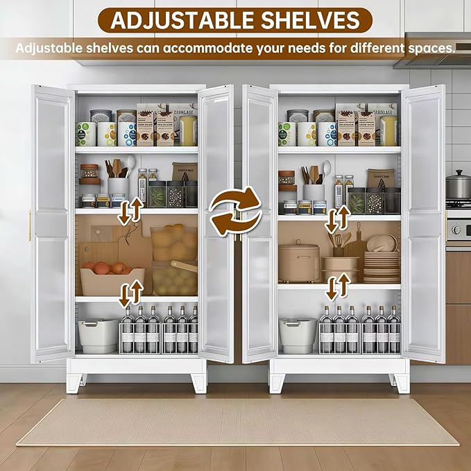 61.4" White Metal Pantry Storage Cabinet, Farmhouse Kitchen Cupboard with 3 Adjustable Shelves, Magnetic Closure, Anti-Tip Kit & Moisture-Proof Legs for Kitchen, Living Room, Assembly Required