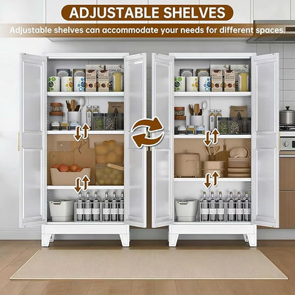 61.4" White Metal Pantry Storage Cabinet, Farmhouse Kitchen Cupboard with 3 Adjustable Shelves, Magnetic Closure, Anti-Tip Kit & Moisture-Proof Legs for Kitchen, Living Room, Assembly Required