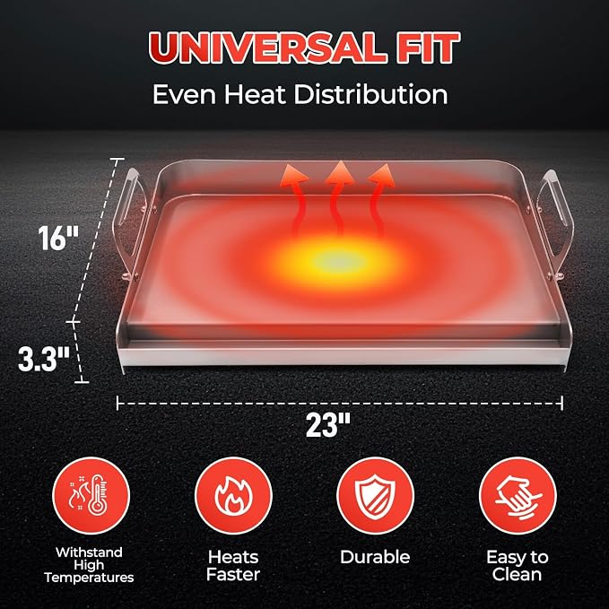23”x16” Flat Top Griddle for Gas Grill – Airflow-Optimized Size | for Even Cooking, Stainless Steel Stove Top Griddle Universal Fit Plate for Outdoor BBQ, Tailgating, Eggs, Steaks & Burgers