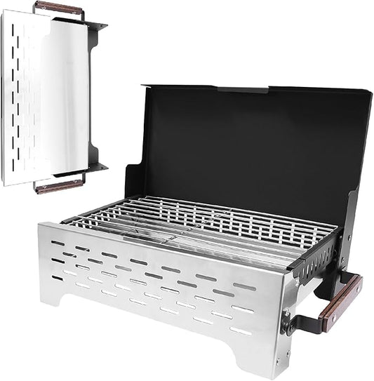 New Portable Camping Easy Charcoal Flip Folding BBQ Grills Stainless Steel Tabletop Charcoal Grill Lightweight Barbecue Grill Tools for Outdoor Cooking Camping Picnics