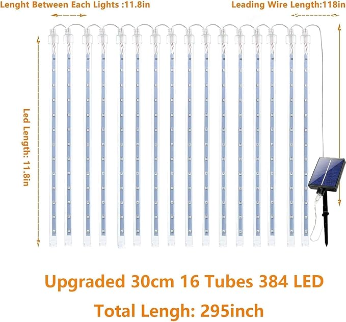 Solar Meteor Shower Lights Outdoor Waterproof, Christmas Lights Solar Powered Decorations, 16 Tubes 384LED Icicle String Light, Falling Raindrop Light for Christmas Xmas Tree Party Garden Decor(Blue)