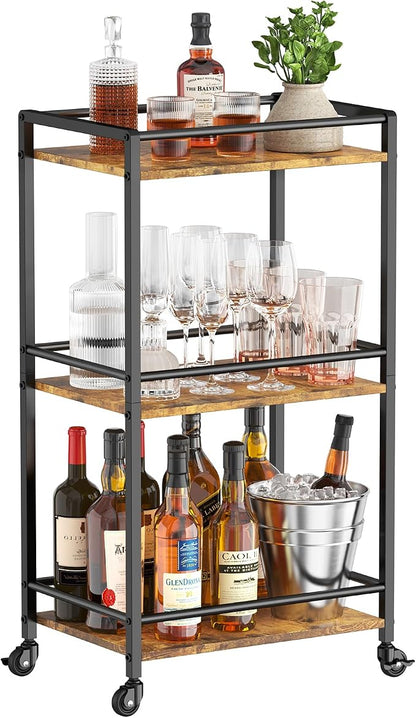 Lifewit Mini 3 Tier Rolling Bar Cart with Lockable Wheels, Rustic Brown | Drink serving liquor utility cart for dining living room, compact size 17 x 11.8 x 32.1 inch, mobile wine storage trolley