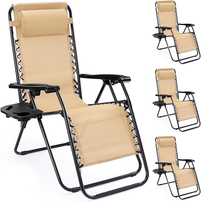 NEWBULIG Zero Gravity Chairs Set of 4, Folding Lounge Recliner Chair | Portable Lawn Camping Recliner with Adjustable Pollow, Mesh Back, Cup Holder Trays for Pool Beach Patio, Tan