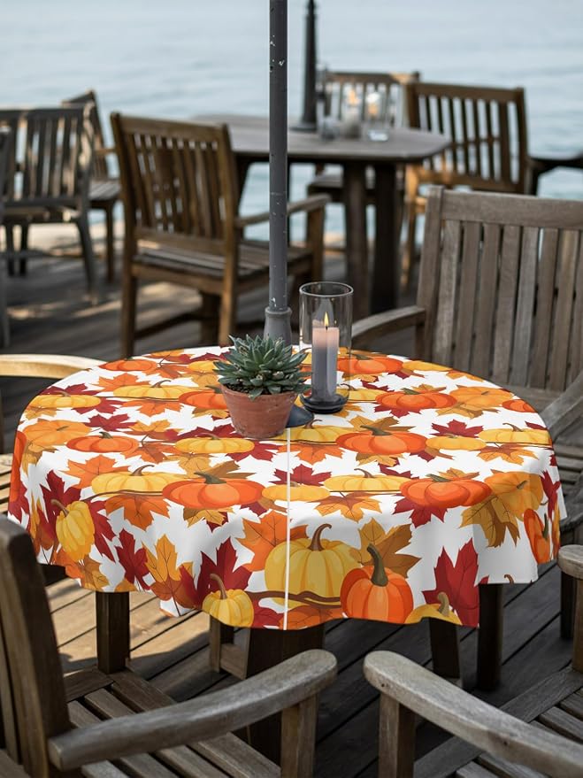 Fall Tablecloth with Umbrella Hole and Zipper Fall Leaves Pumpkin Round Outdoor Tablecloths 54 Inch Waterproof Table Cloths Autumn Harvest Patio Table Cloth Cover for Fall Thanksgiving Picnic Garden