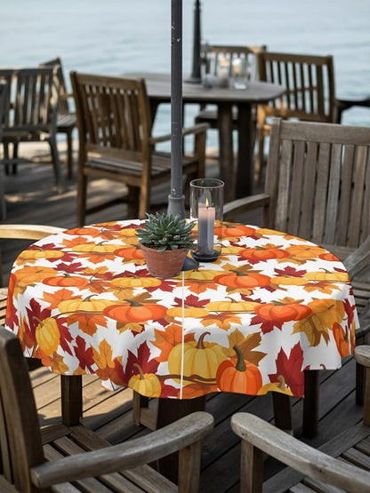 Fall Tablecloth with Umbrella Hole and Zipper Fall Leaves Pumpkin Round Outdoor Tablecloths 54 Inch Waterproof Table Cloths Autumn Harvest Patio Table Cloth Cover for Fall Thanksgiving Picnic Garden