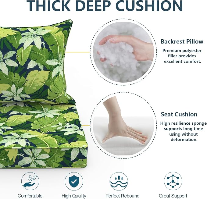 DYTXIII Outdoor Deep Seat Cushion Set, Water Repellent 24"x24" Patio Thick Cushions Replacement with Seat & Back Pillow for Patio Sofa, Wicker Chair, Couch - Jungle Leaves