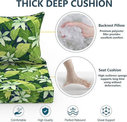 DYTXIII Outdoor Deep Seat Cushion Set, Water Repellent 24"x24" Patio Thick Cushions Replacement with Seat & Back Pillow for Patio Sofa, Wicker Chair, Couch - Jungle Leaves