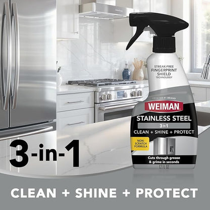 Weiman Stainless Steel Cleaner & Polish Kit, 3 Piece - Spray, Wipes & Cloth, Anti-Fingerprint, Removes Grease, Water Spots, Streaks & Residue, Polishing Cleaner Safe for Appliances, Sinks & Grills