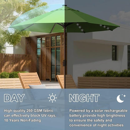 EliteShade USA 10-Year-Non-Fading 10ft Market Patio Umbrella, Commercial Grade Table Sun Umbrella with 80 Solar LED Lights, Crank Open, Windproof & UPF 50+ UV Protection for Garden, Deck, Pool, Backyard, No Tilt, Macaw Green
