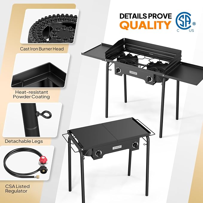 ROVSUN 2 Burner Outdoor Camping Stove with Wind Panel & Shelves, Heavy Sturdy Propane Burner, Gas Cooker with Detachable Legs & CSA Regulator for Home Camp Paito Cooking Frying Canning