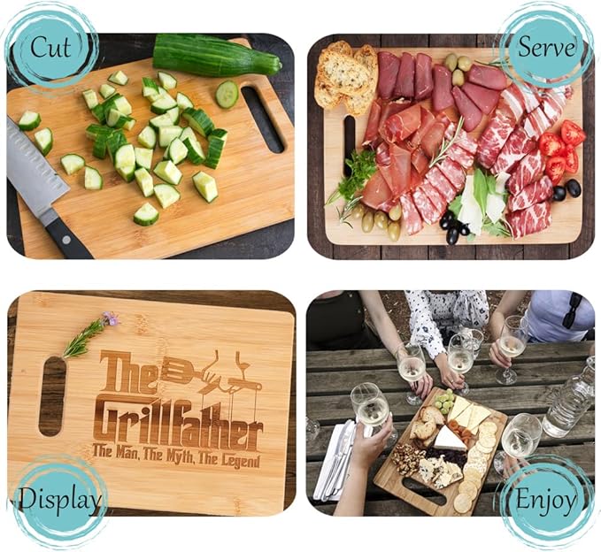 Grillfather Grill Father Engraved Bamboo Wood Cheese Cutting Board with Handle Funny Gift 8.x5 x 11"