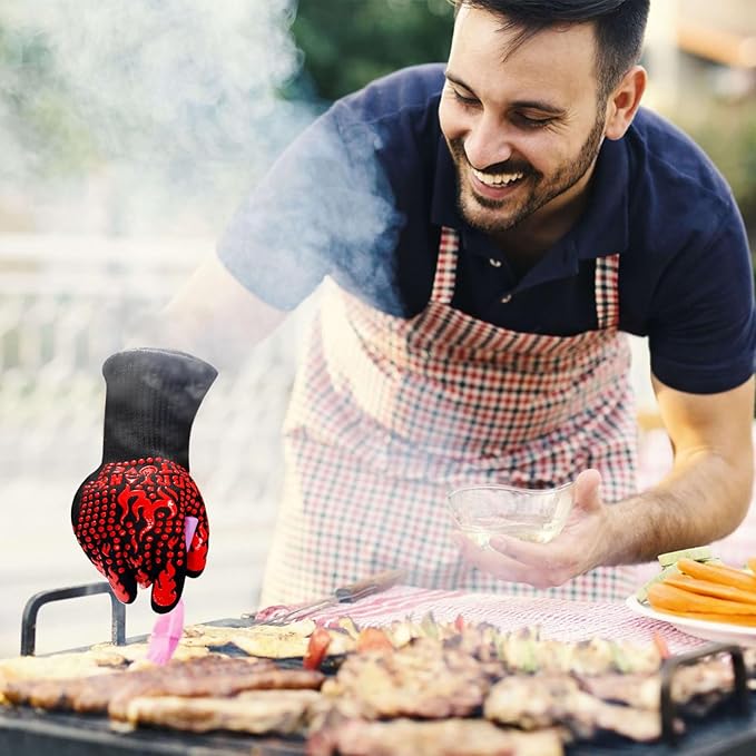 BBQ Gloves - Ideal for Outdoor Grill Gloves- Cooking Glove Heat Resistant up to 1472℉ Grilling Glove Extended Wrist for Additional Safety, Oven Glove/Kitchen Gloves for Oven- Women/Men Dad for Gifts