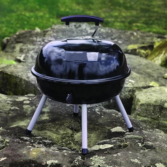 14.5 Inch Portable Charcoal Grill, Black Small BBQ Grill for Outdoor Camping Picnic Tailgate, Tabletop Charcoal Barbecue with Heat-Resistant Handles for Easy Carry