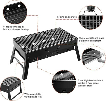 TeqHome Portable Charcoal Grill, Small BBQ Grill Compact Foldable Barbecue Grill, Outdoor Folding Camping Kabob Grill Tabletop Mini Smoker for Travel Outdoor Cooking Backyard Picnic Patio 17"x10"