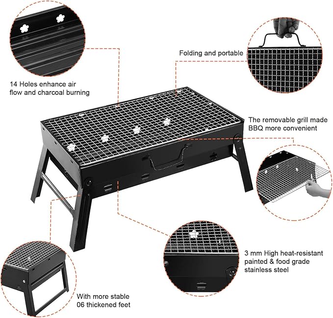 Moclever Folding Portable Charcoal Grill – Stainless Steel Mini BBQ Grill for Outdoor Cooking, Camping, Picnics, Beach, Tailgating, Compact & Easy to Carry