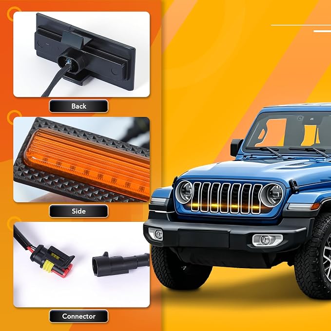 Grill Lights for Jeep Wrangler JL - FICOLPO 4PCS LED Front Grill Lights for Jeep Wrangler JL JLU 2024 2025 2026 Rubicon Sahara Front Bumper Grille Lights with Fuse Adapter & Harness (Amber Light)
