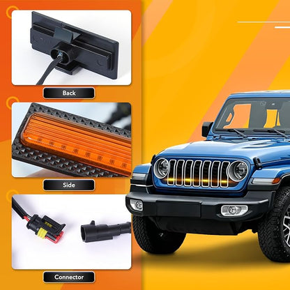 Grill Lights for Jeep Wrangler JL - FICOLPO 4PCS LED Front Grill Lights for Jeep Wrangler JL JLU 2024 2025 2026 Rubicon Sahara Front Bumper Grille Lights with Fuse Adapter & Harness (Amber Light)