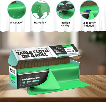 Tablecloth Roll – 54" X 110' Green Premium Plastic Table Cloths with Cutter Box - Cut to Size - Decorative Rectangle Table Cover Smooth Tablecloth - Disposable Table Cloths for Parties, Weddings.