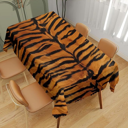 Tiger Print Decorative Rectangle Table Cloth Wildlife Tiger Skin Brown Black Rectangle Table Cover Anti-Oil Tablecloth for Dining Tables, Parties, Wedding and Banquet Decoration 52" x 70"