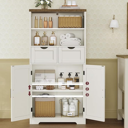 Storage Cabinet with Doors & 2 Drawers, Kitchen Cabinet with Adjustable Shelf, Pantry Cabinets, Bathroom Cabinets, for Living Room, Entryway, Home Office, White
