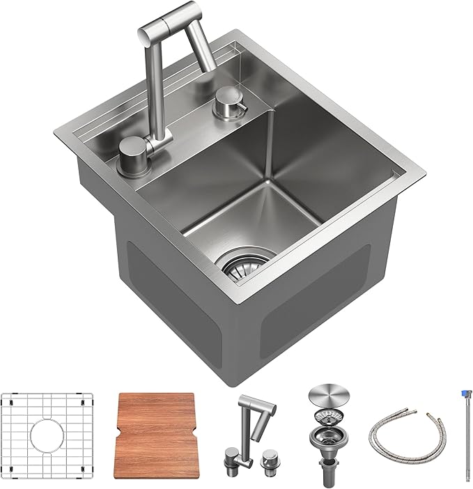 RV Kitchen Sink 13x15 Inch with Foldable Faucet, Nano Silver 16 Gauge Stainless Steel Undermount Workstation Sink with Cutting Board Cover, Bottom Grid & Drain Kit