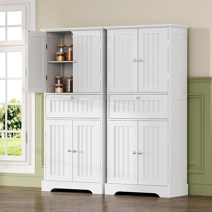 ChooChoo 72" H Bathroom Floor Cabinet with Drawers and Adjustable Shelves | Bathroom Storage Cabinet, Freestanding Kitchen Pantry Cupboard with 4 Doors for Living Room, White