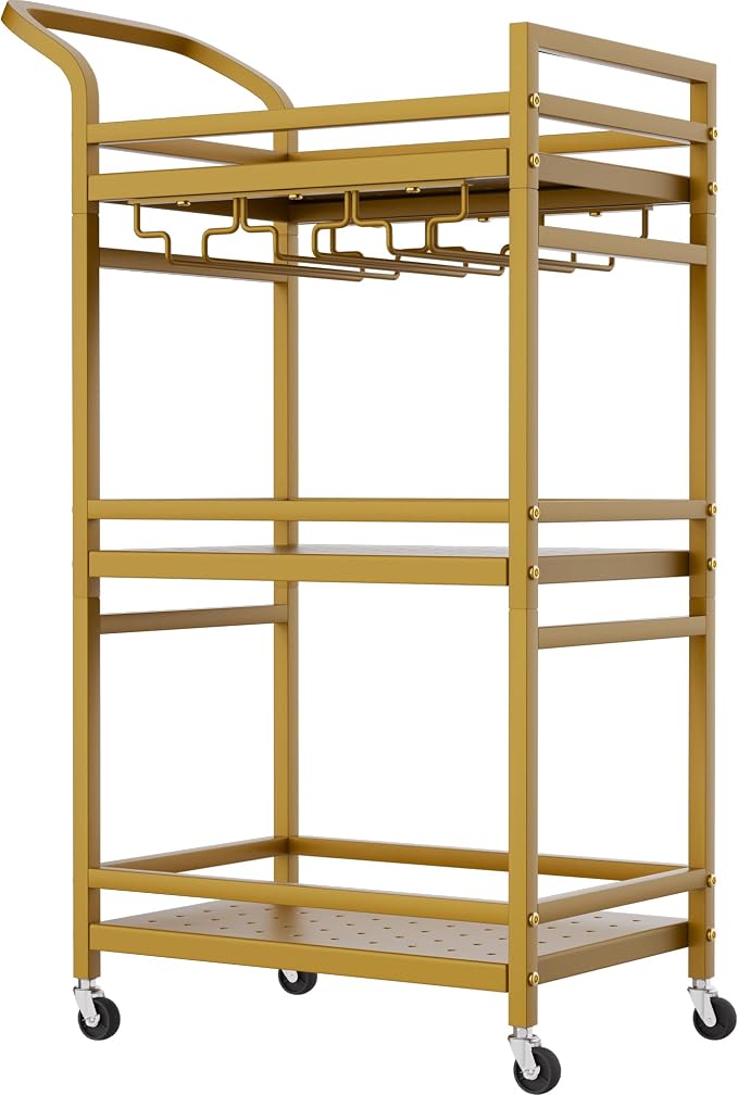 Soywey Bar Cart,Gold Bar Cart,Home Bar Serving Carts,3-Tier Alcohol cart,Cart with Wheels,Suitable for Restaurants, Bars, Kitchens,Gold Colours