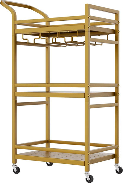 Soywey Bar Cart,Gold Bar Cart,Home Bar Serving Carts,3-Tier Alcohol cart,Cart with Wheels,Suitable for Restaurants, Bars, Kitchens,Gold Colours