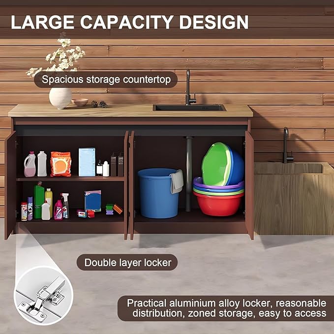 87IN Outdoor Kitchen Cabinet - Kitchen Cabinet with Countertop Includes Stripe Design & Mop Pool,Outdoor Table with Aluminum Alloy,Stainless Steel Sink and Slate Countertop,Hidden Handle