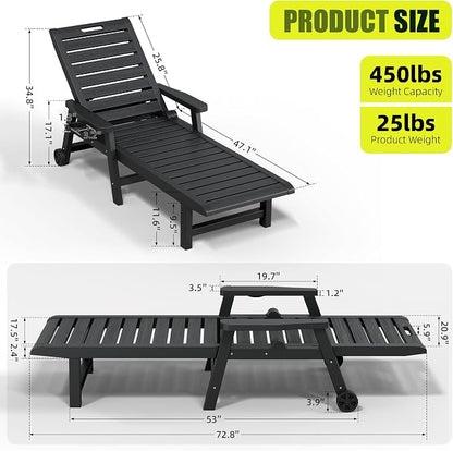 Outdoor Chaise Lounges, Patio Lounge Chair (Black with Wheels, Set of 2) | Wood-Grain HDPE, 5-Position Recline, Lockable Wheels, Cup Holder, 450 lbs, Indoor/Outdoor
