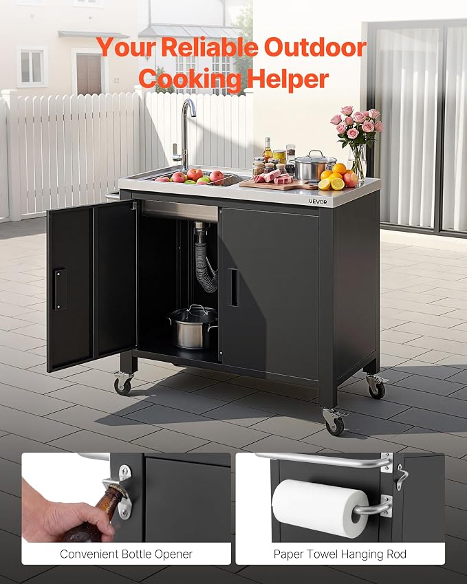 VEVOR Outdoor Grill Cart with Sink and Storage Cabinet, 38 Inch Grill Table, Waterproof Kitchen Island with Stainless Steel Top, Spice Rack, Wheel, Movable Food Prep Station for Patio Bar Backyard BBQ