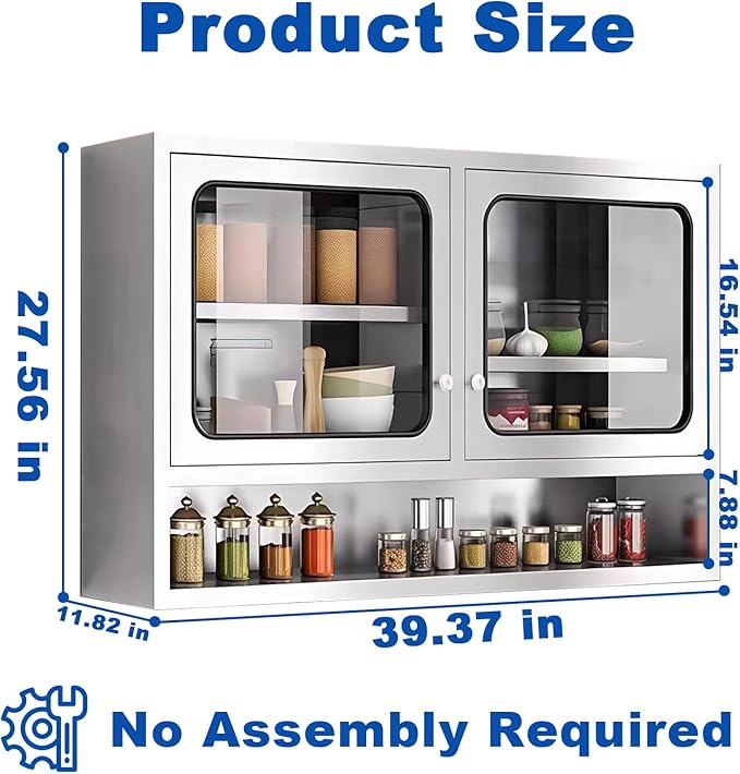 ZZV Kitchen Wall Cabinet, Stainless Steel Wall Mounted Cabinet with Adjustable Shelves, Industrial Wall Storage Cabinet for Garage, Warehouse, No Assembly Required, 11.82D x 39.37W x 27.56H in