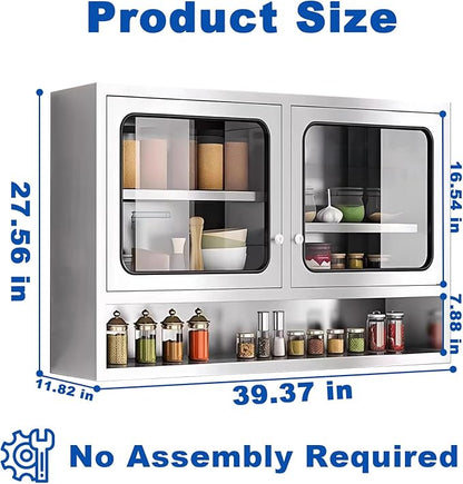 ZZV Kitchen Wall Cabinet, Stainless Steel Wall Mounted Cabinet with Adjustable Shelves, Industrial Wall Storage Cabinet for Garage, Warehouse, No Assembly Required, 11.82D x 39.37W x 27.56H in