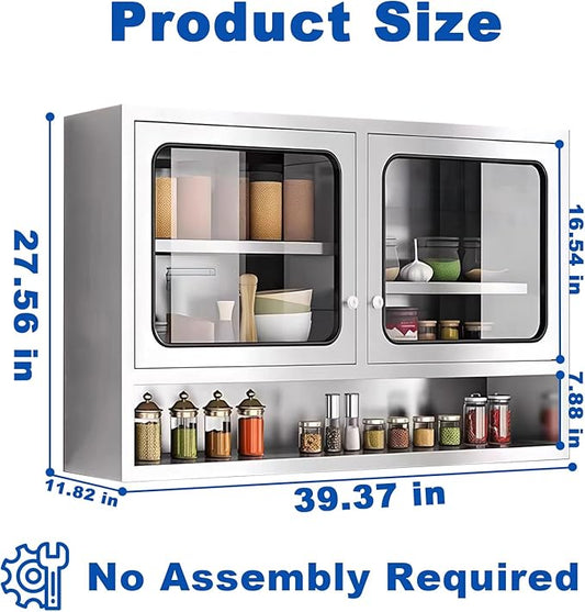 ZZV Kitchen Wall Cabinet, Stainless Steel Wall Mounted Cabinet with Adjustable Shelves, Industrial Wall Storage Cabinet for Garage, Warehouse, No Assembly Required, 11.82D x 39.37W x 27.56H in