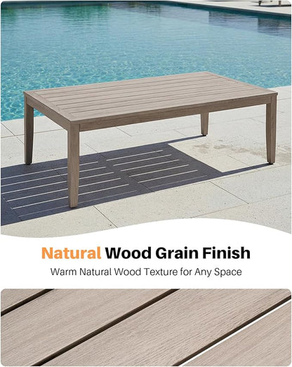 Never-Rust Aluminum Outdoor Coffee Table, All-Weather Patio Coffee Table with Faux Wood Grain Finish Frame, Rectangle Outdoor Table with Adjustable Feet for Garden, Porch, Backyard, Indoor