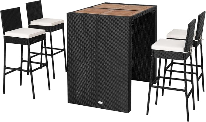 5 Piece Patio Wicker Bar Set, Rattan Bar Stools Set for Bistro with Acacia Wood Tabletop & Seat Cushions, Outdoor High Top Table and Chairs for Backyard Garden Porch Poolside (47.5 Inch)