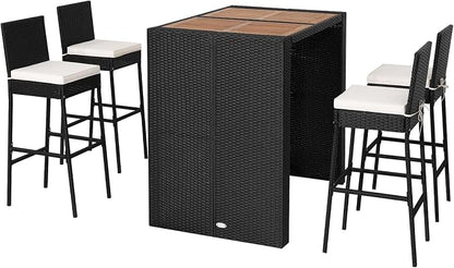 5 Piece Patio Wicker Bar Set, Rattan Bar Stools Set for Bistro with Acacia Wood Tabletop & Seat Cushions, Outdoor High Top Table and Chairs for Backyard Garden Porch Poolside (47.5 Inch)