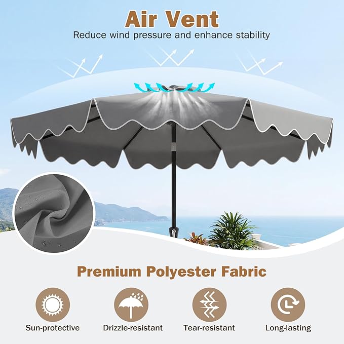 Tangkula 9 FT Patio Umbrella with Base Included, 2-Tiers Outdoor Scalloped Table Umbrella with 2 Sandbags, Tilt Adjustment, Crank, 8 Ribs for Market Backyard Pool Deck Beach Lawn