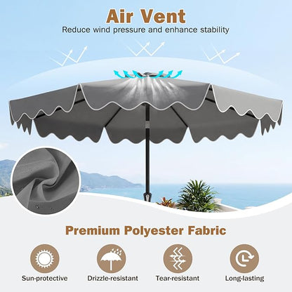Tangkula 9 FT Patio Umbrella with Base Included, 2-Tiers Outdoor Scalloped Table Umbrella with 2 Sandbags, Tilt Adjustment, Crank, 8 Ribs for Market Backyard Pool Deck Beach Lawn